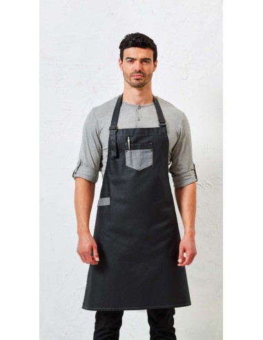 PRE-PR136-Division Waxed Look Denim Bib Apron With Faux Leather